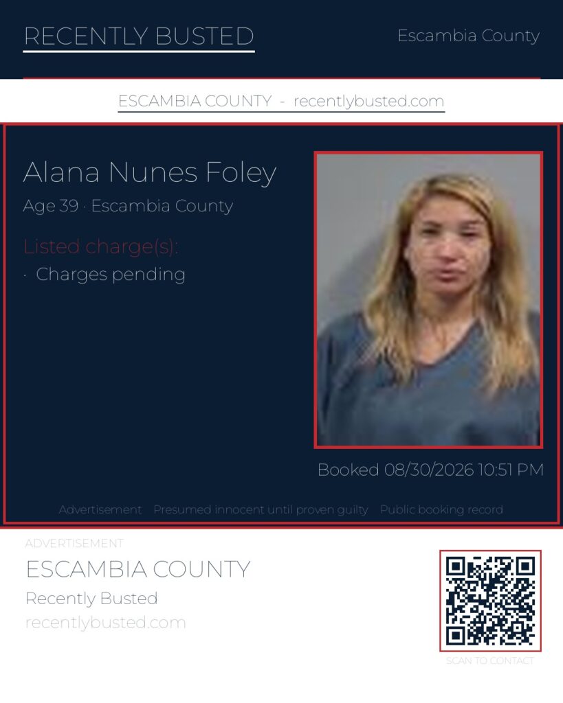 Alana Nunes Foley — arrest record card, Escambia County, Florida