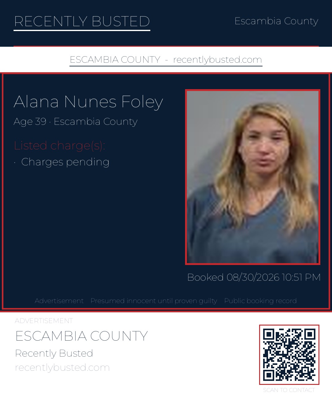 Alana Nunes Foley — arrest record card, Escambia County, Florida