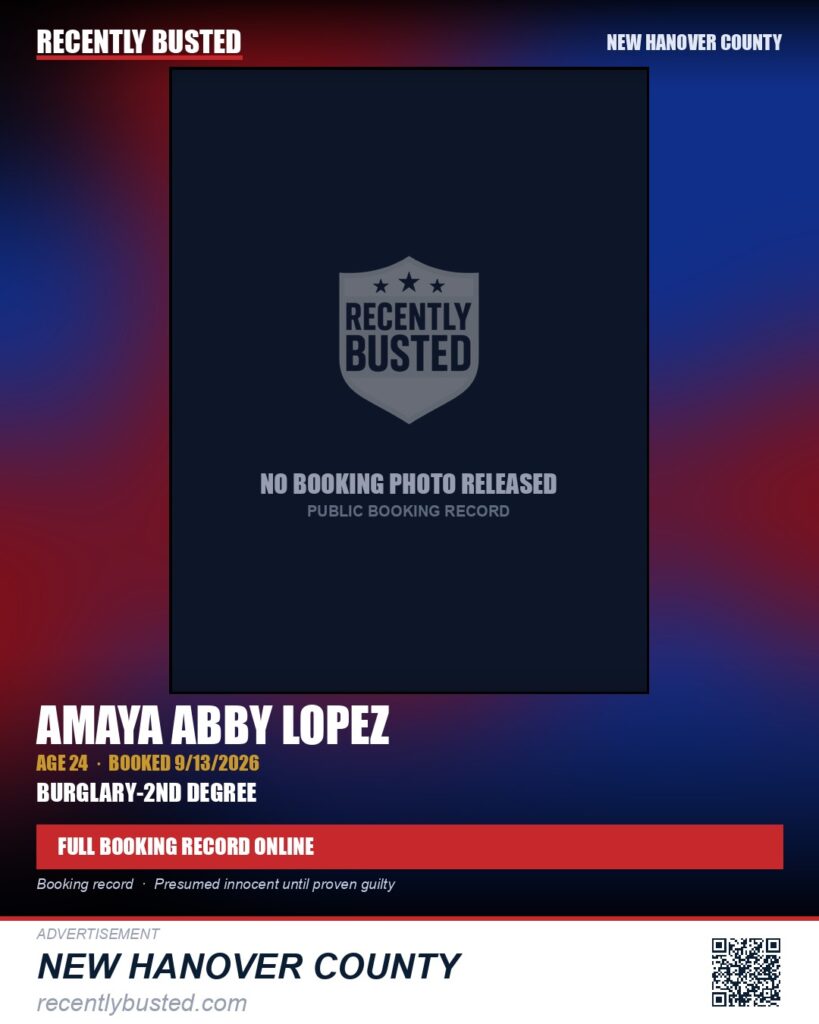 AMAYA ABBY LOPEZ — arrest record card, New Hanover County