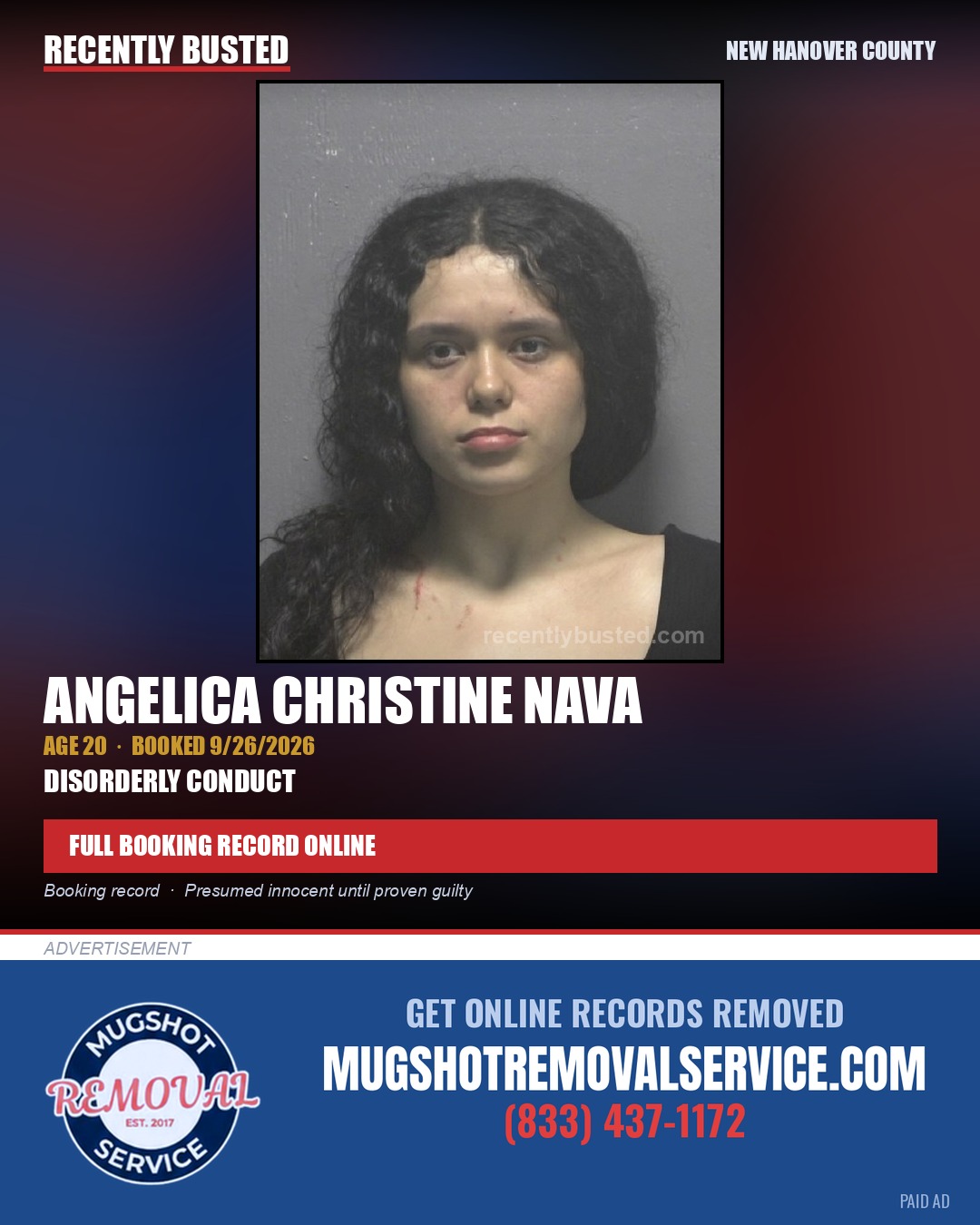 ANGELICA CHRISTINE NAVA — arrest record card, New Hanover County