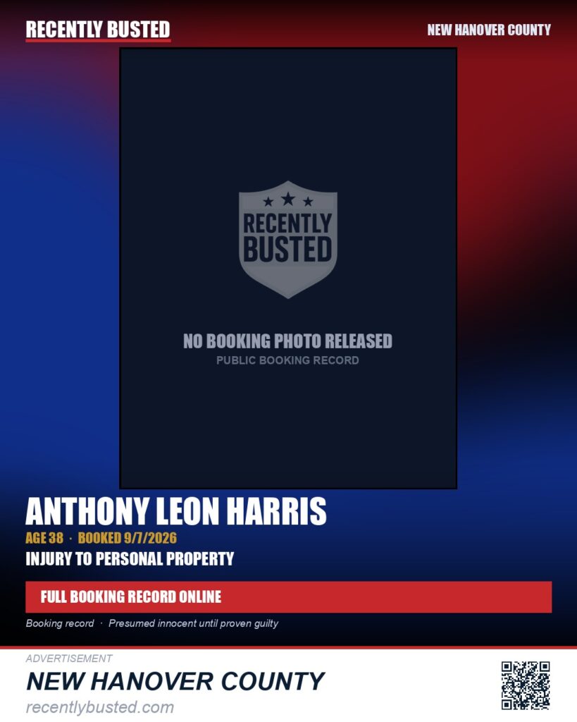 ANTHONY LEON HARRIS — arrest record card, New Hanover