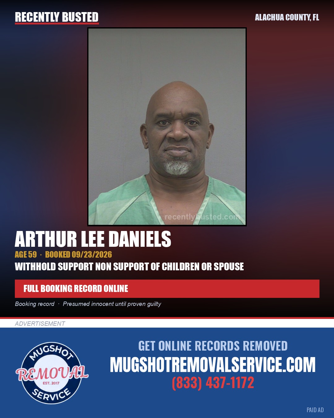 Arthur Lee Daniels — arrest record card, Alachua County, Florida