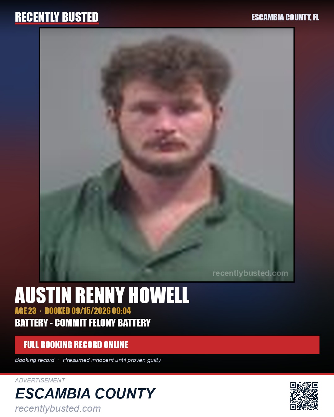 Austin Renny Howell — arrest record card, Escambia County, Florida