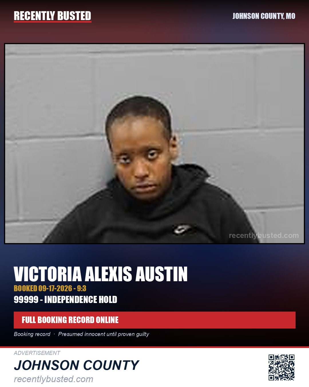 AUSTIN, VICTORIA ALEXIS — arrest record card, Johnson County, Missouri
