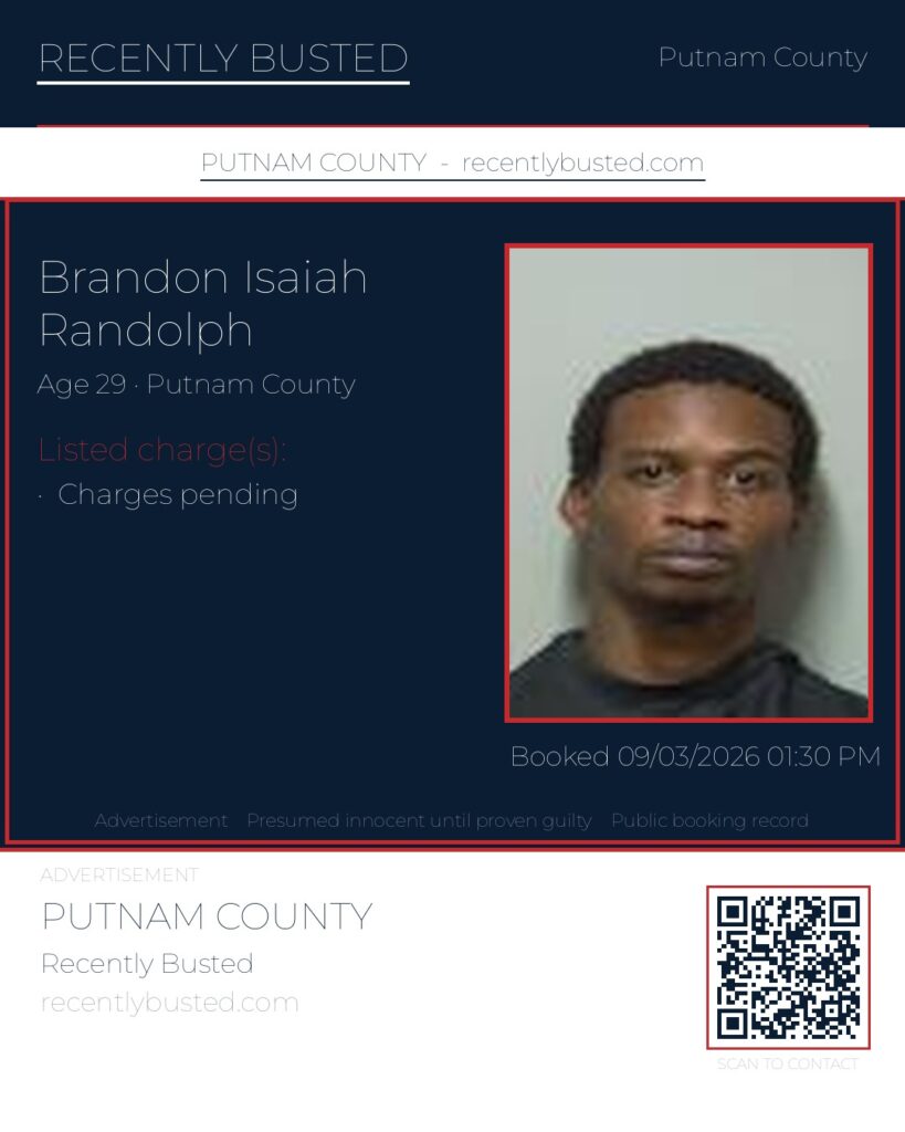 Brandon Isaiah Randolph — arrest record card, Putnam County, Florida