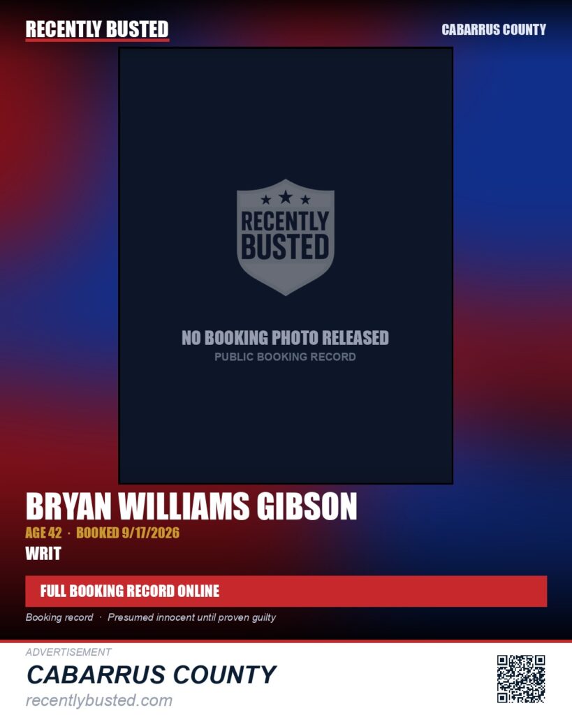 BRYAN WILLIAMS GIBSON — arrest record card, Cabarrus County