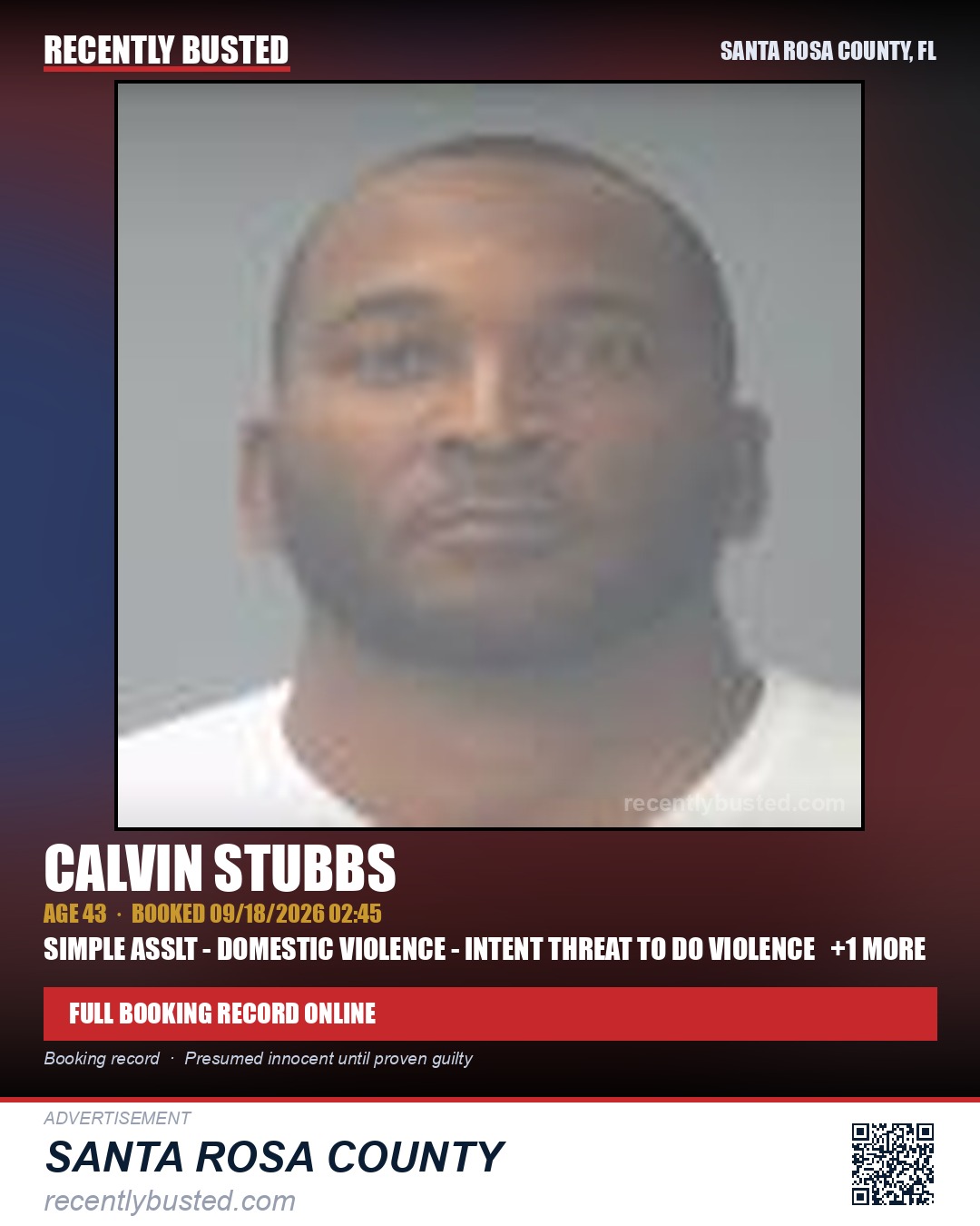 Calvin Stubbs — arrest record card, Santa Rosa County, Florida