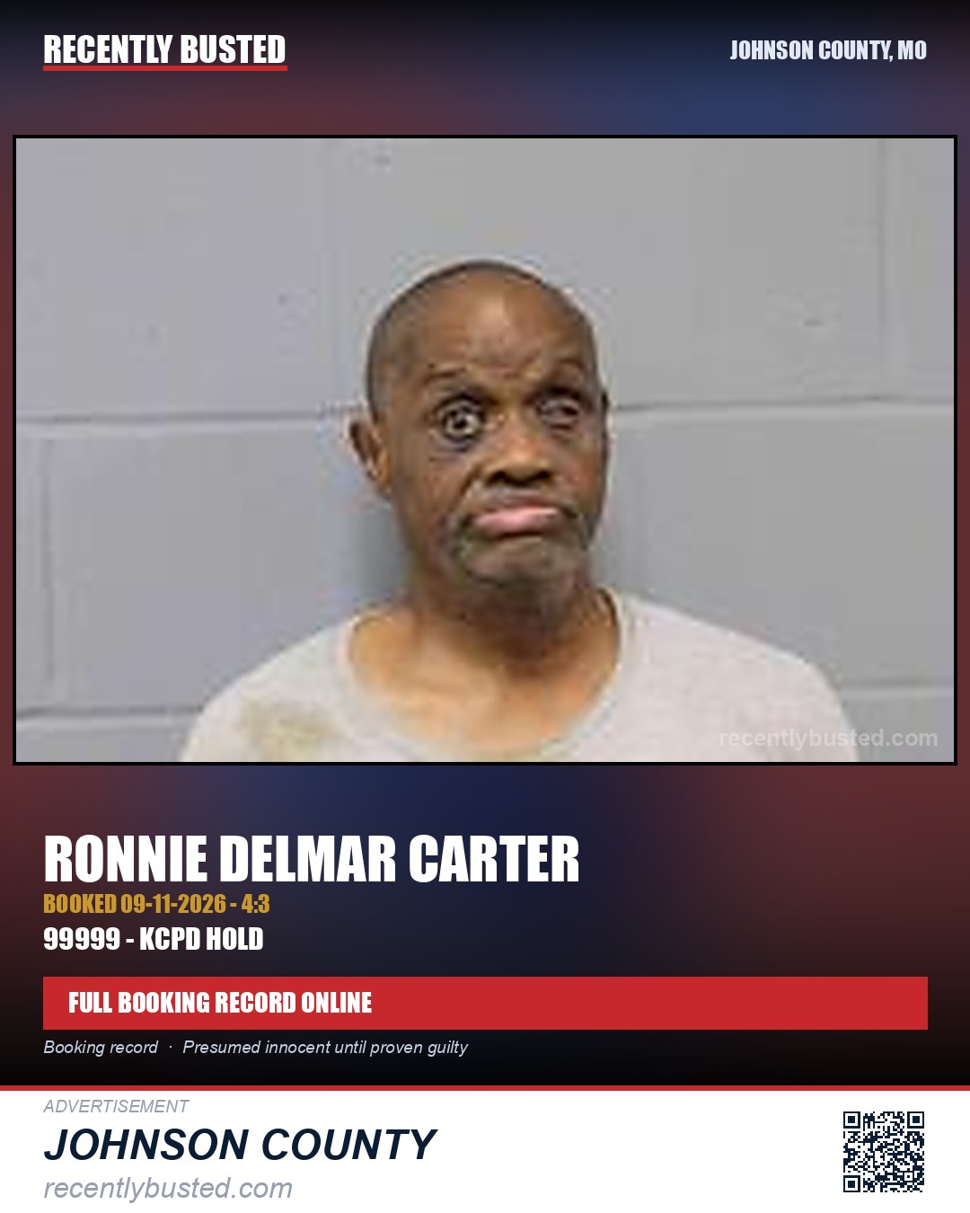 CARTER, RONNIE DELMAR — arrest record card, Johnson County, Missouri