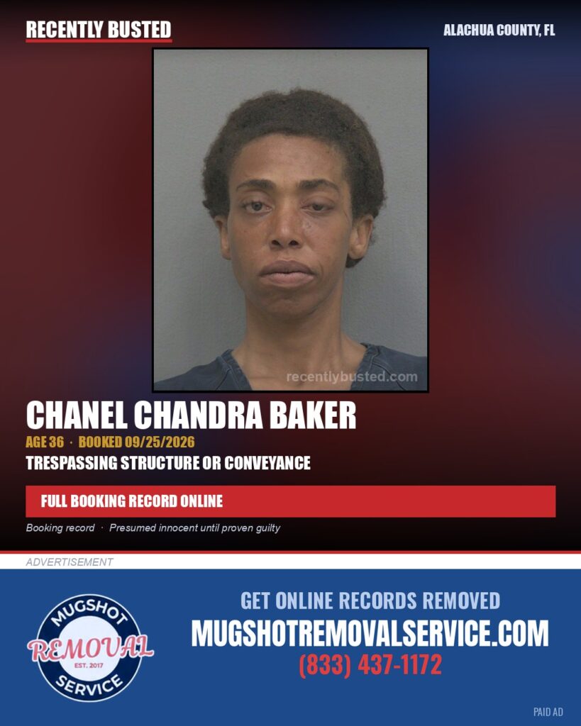 Chanel Chandra Baker — arrest record card, Alachua County, Florida