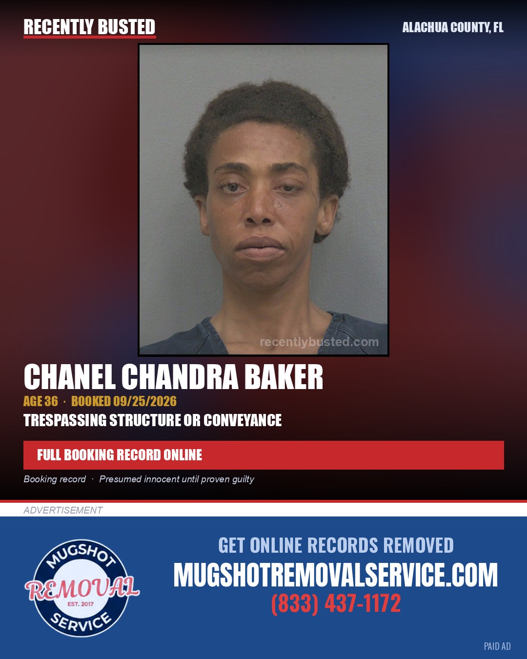 Chanel Chandra Baker — arrest record card, Alachua County, Florida