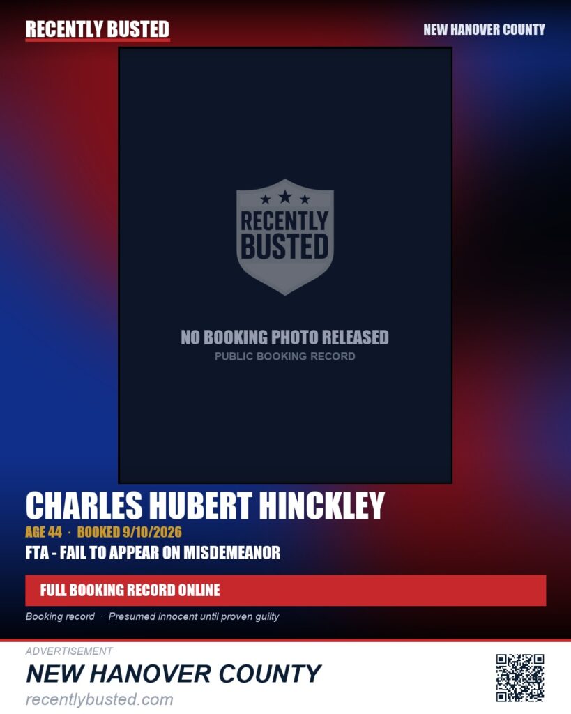CHARLES HUBERT HINCKLEY — arrest record card, New Hanover County