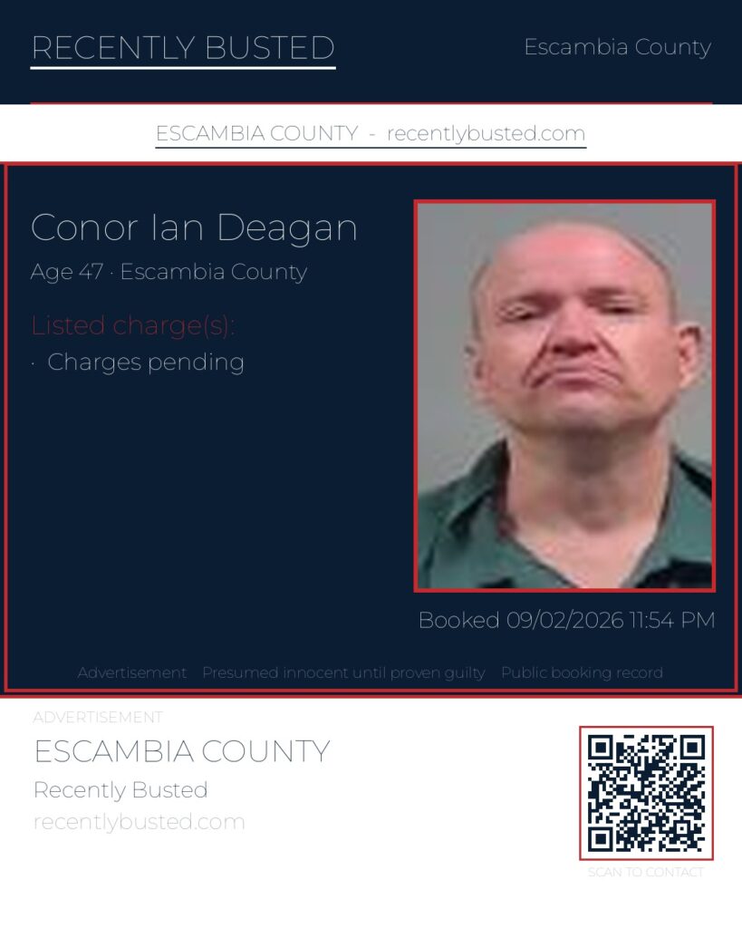 Conor Ian Deagan — arrest record card, Escambia County, Florida