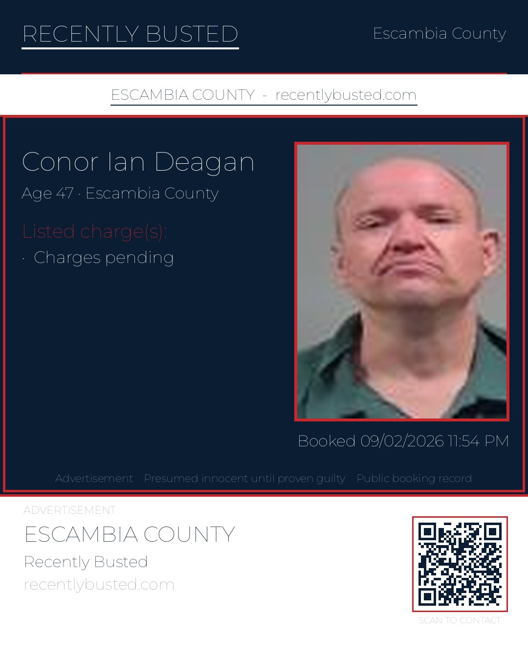 Conor Ian Deagan — arrest record card, Escambia County, Florida