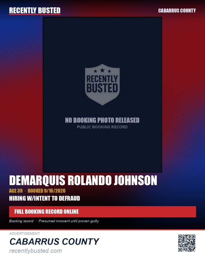 DEMARQUIS ROLANDO JOHNSON — arrest record card, Cabarrus