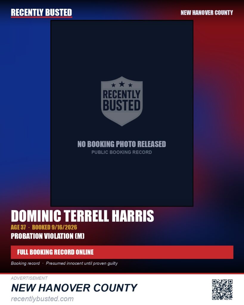 DOMINIC TERRELL HARRIS — arrest record card, New Hanover County