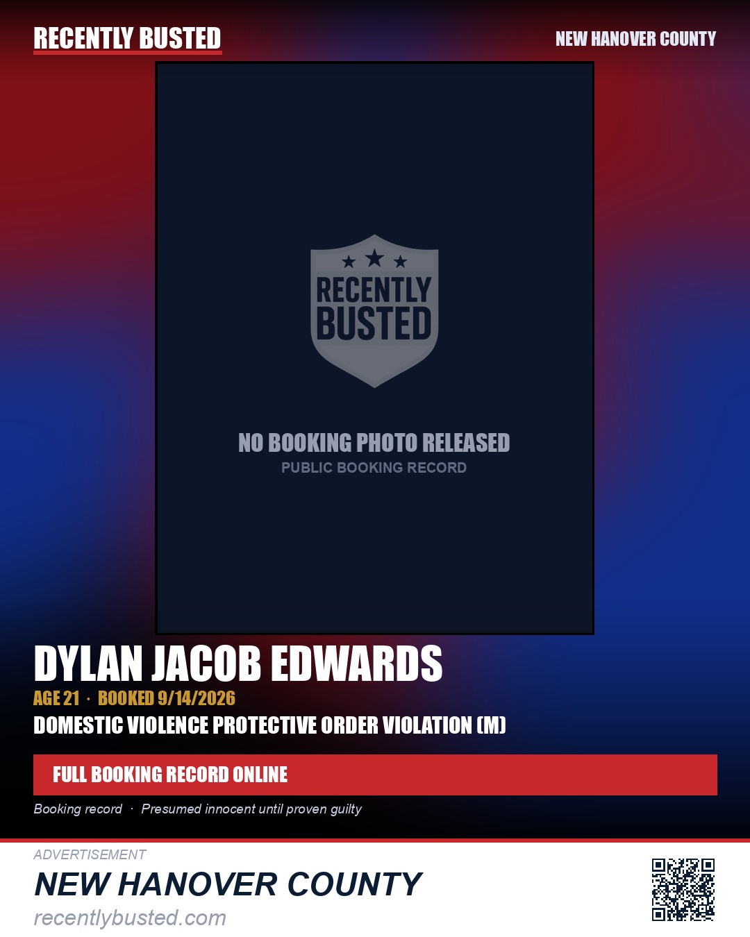 DYLAN JACOB EDWARDS — arrest record card, New Hanover County