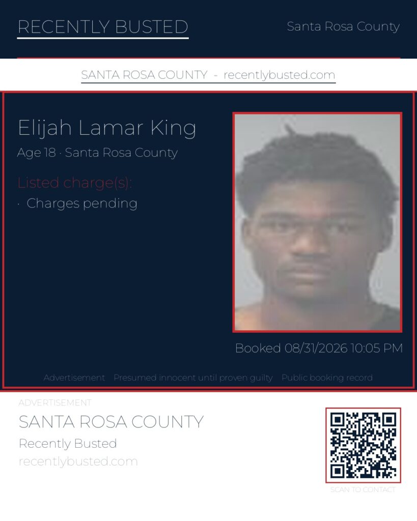 Elijah Lamar King — arrest record card, Santa Rosa County, Florida