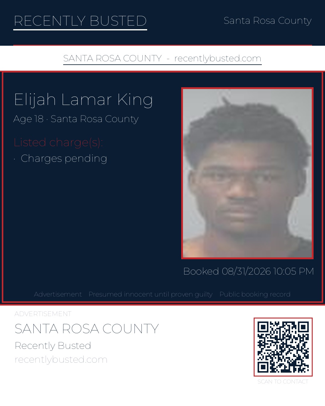 Elijah Lamar King — arrest record card, Santa Rosa County, Florida