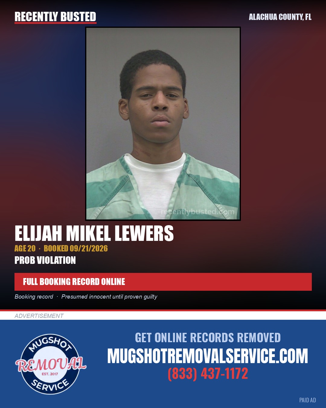 Elijah Mikel Lewers — arrest record card, Alachua County, Florida