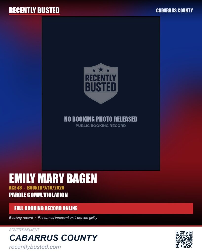 EMILY MARY BAGEN — arrest record card, Cabarrus County