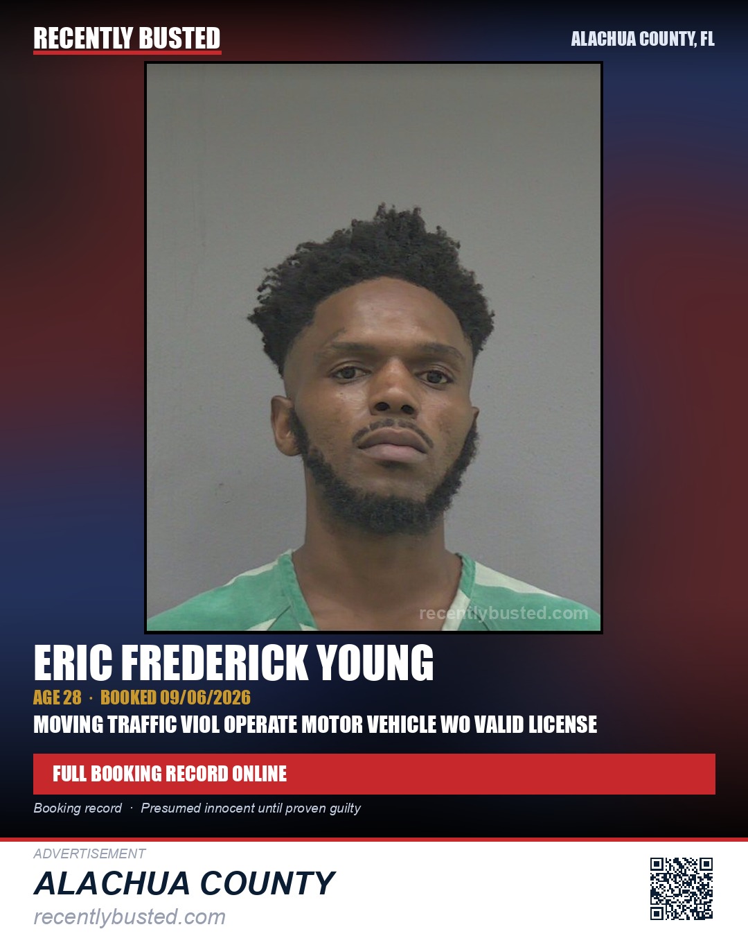 Eric Frederick Young — arrest record card, Alachua County, Florida