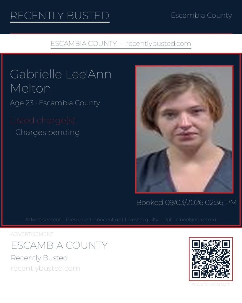Gabrielle Lee'Ann Melton — arrest record card, Escambia County, Florida