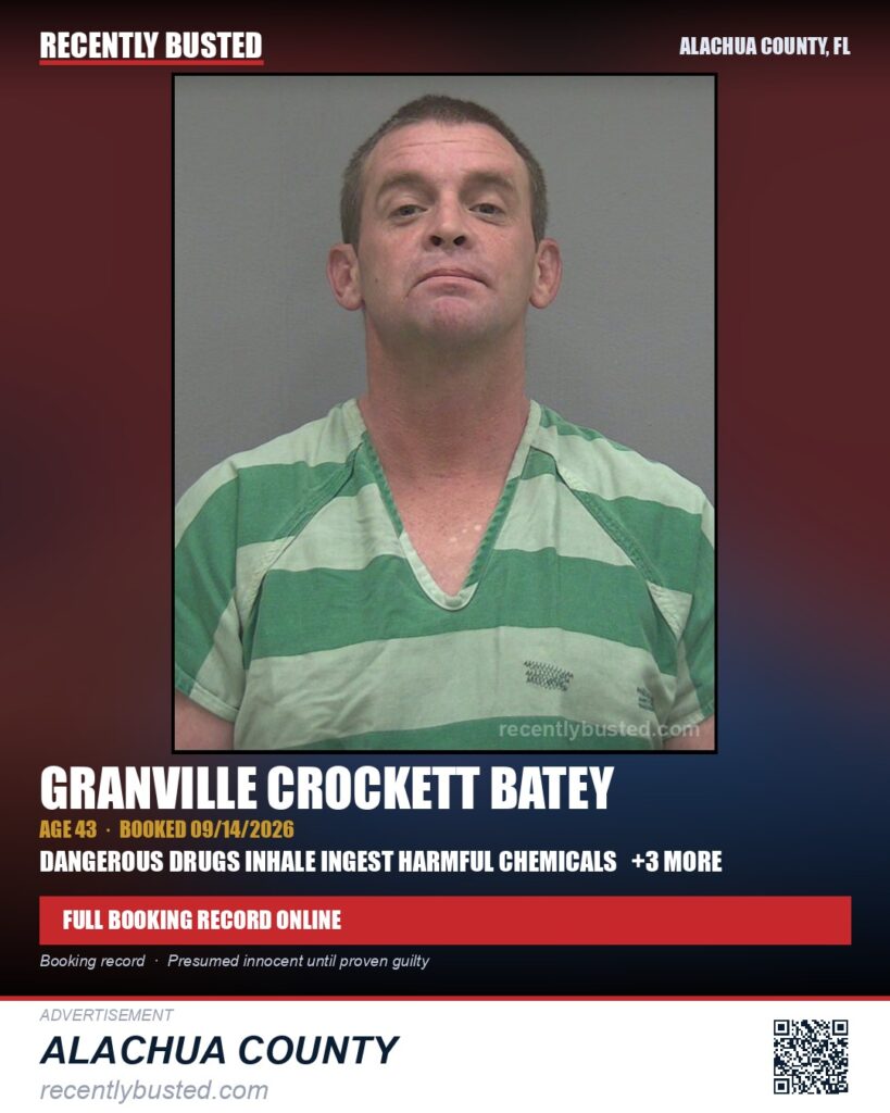 Granville Crockett Batey — arrest record card, Alachua County, Florida