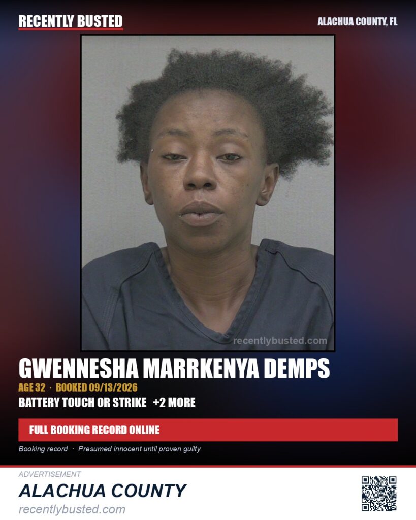 Gwennesha Marrkenya Demps — arrest record card, Alachua County, Florida