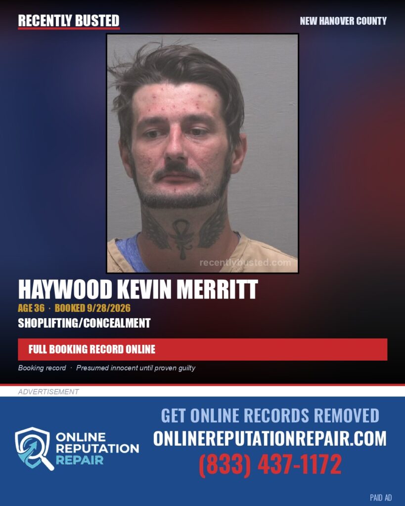 HAYWOOD KEVIN MERRITT — arrest record card, New Hanover