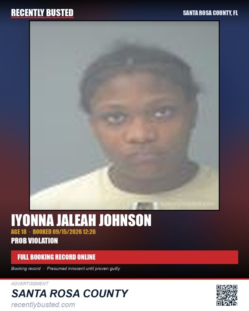 Iyonna Jaleah Johnson — arrest record card, Santa Rosa County, Florida