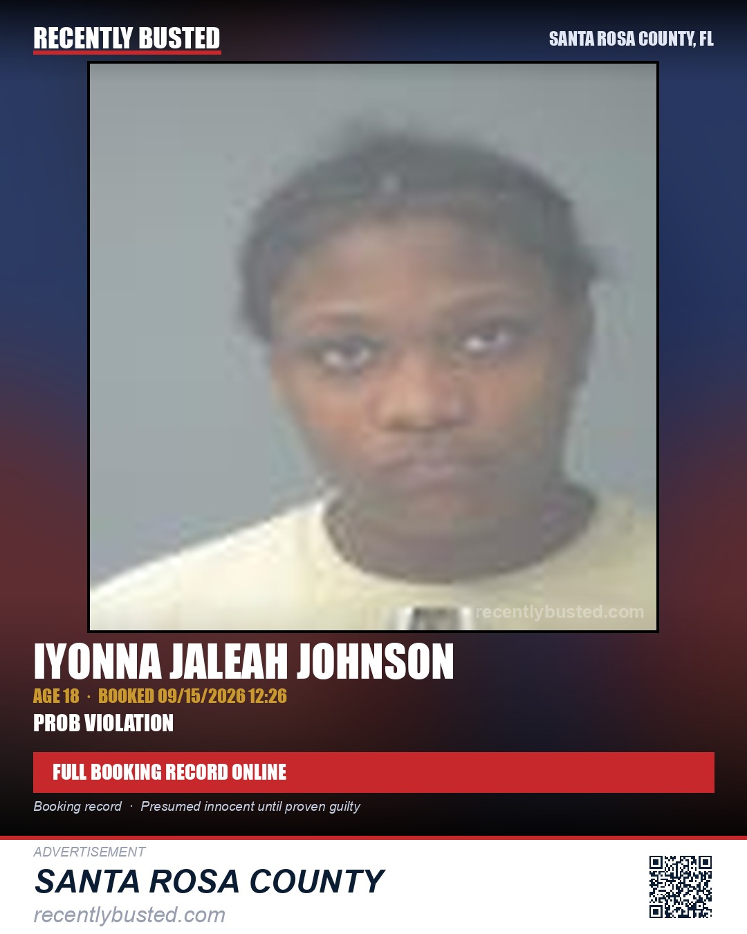 Iyonna Jaleah Johnson — arrest record card, Santa Rosa County, Florida
