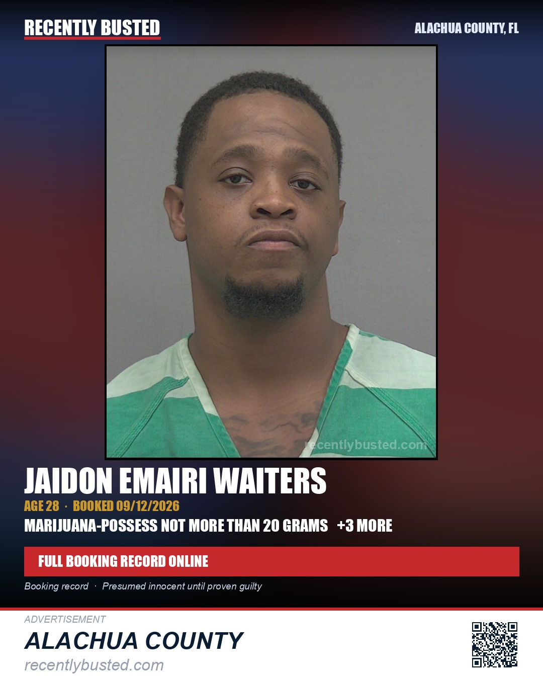 Jaidon Emairi Waiters — arrest record card, Alachua County, Florida