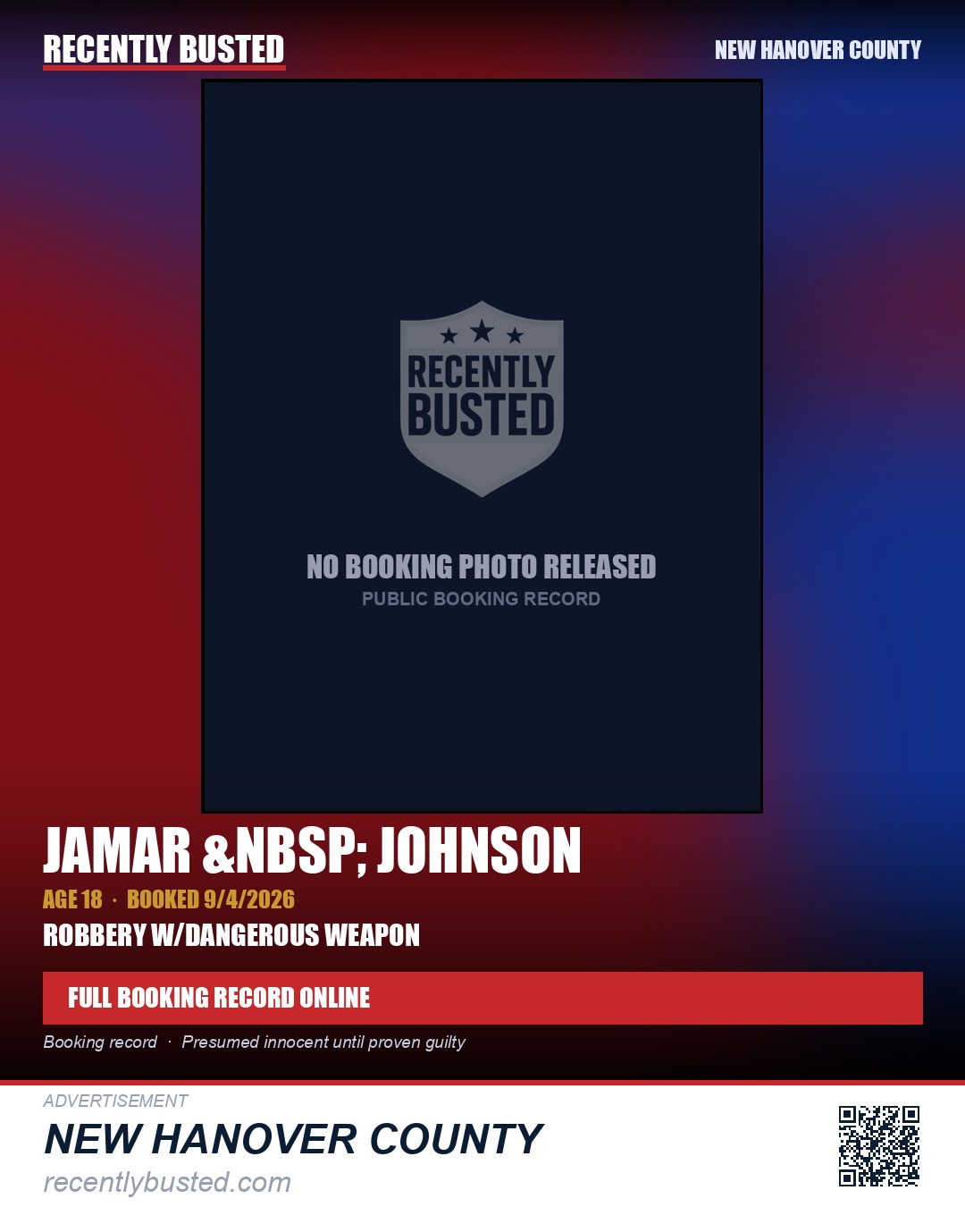 JAMAR &nbsp; JOHNSON — arrest record card, New Hanover County