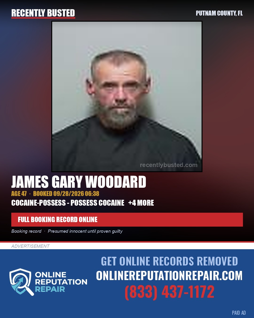 James Gary Woodard — arrest record card, Putnam County, Florida