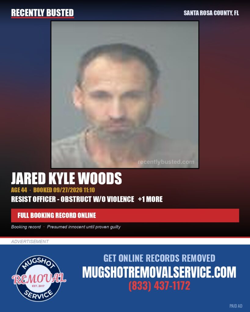 Jared Kyle Woods — arrest record card, Santa Rosa County, Florida