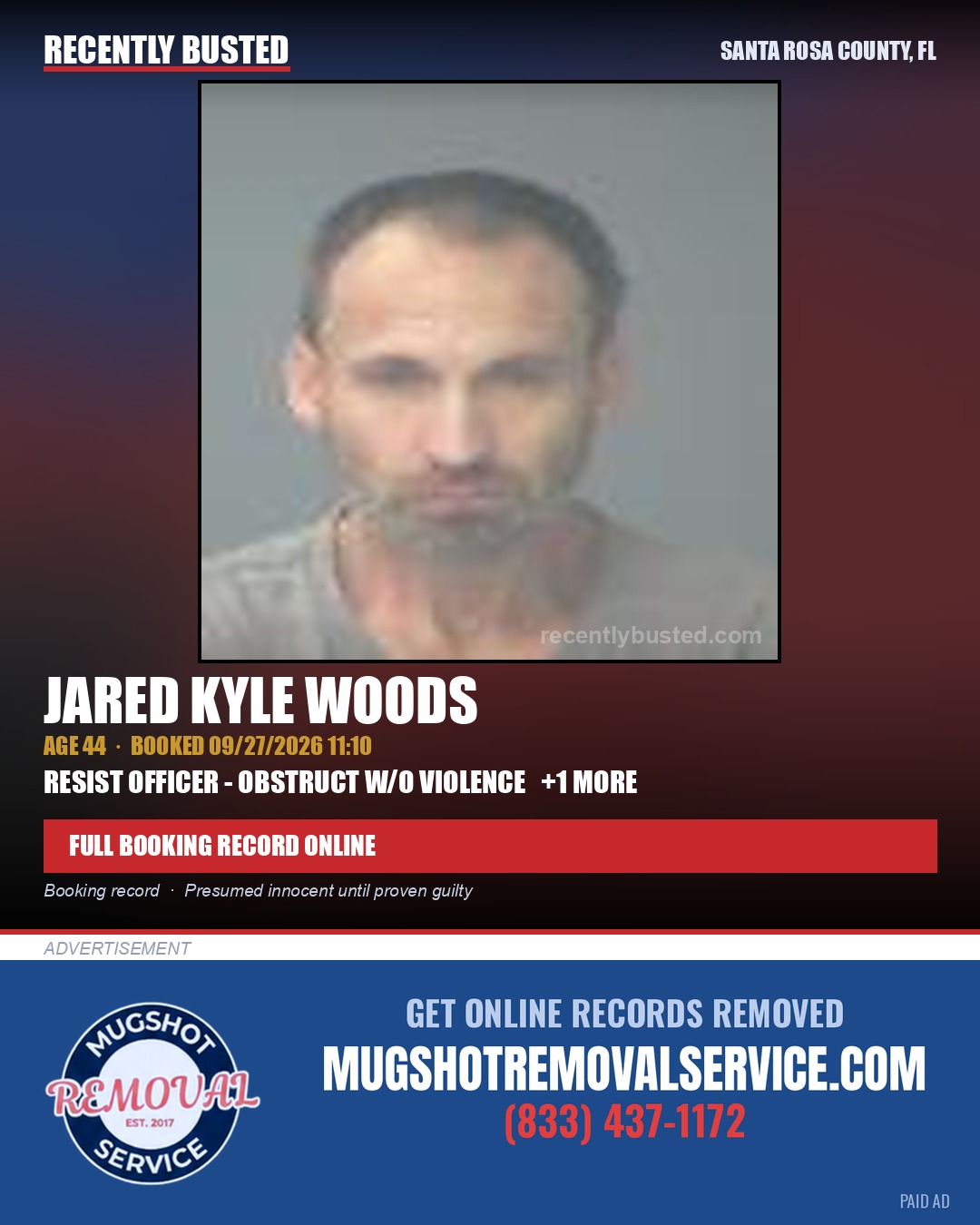 Jared Kyle Woods — arrest record card, Santa Rosa County, Florida