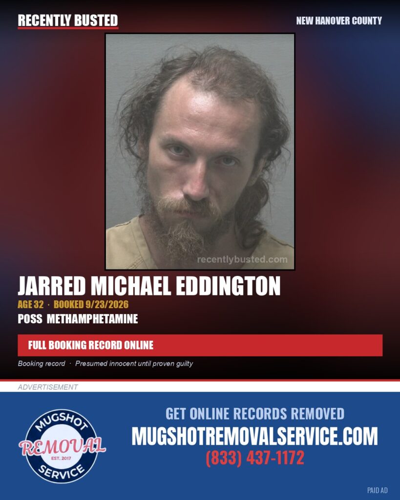 JARRED MICHAEL EDDINGTON — arrest record card, New Hanover