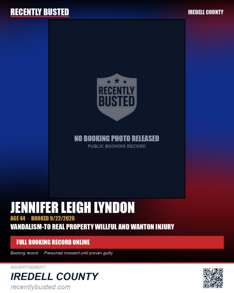 JENNIFER LEIGH LYNDON — arrest record card, Iredell County