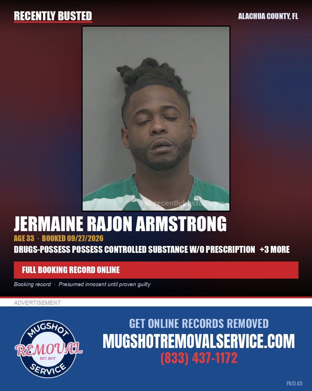 Jermaine Rajon Armstrong — arrest record card, Alachua County, Florida