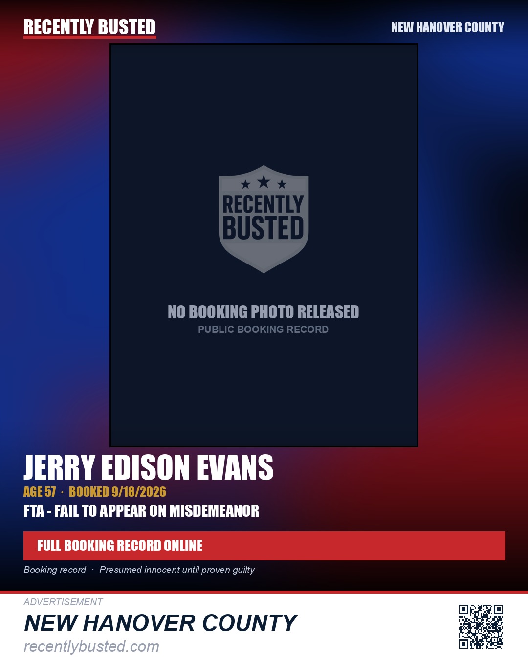 JERRY                EDISON          EVANS — arrest record card, New Hanover County