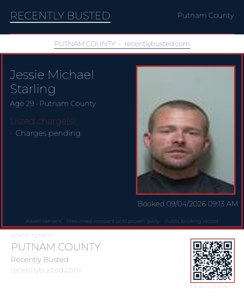 Jessie Michael Starling — arrest record card, Putnam County, Florida