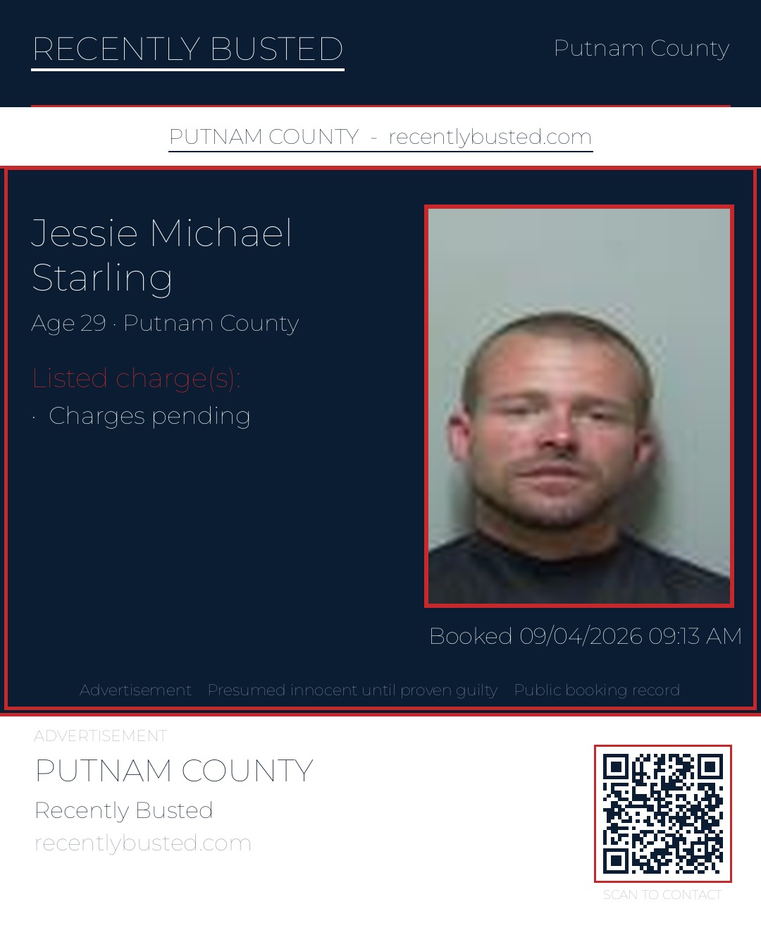Jessie Michael Starling — arrest record card, Putnam County, Florida