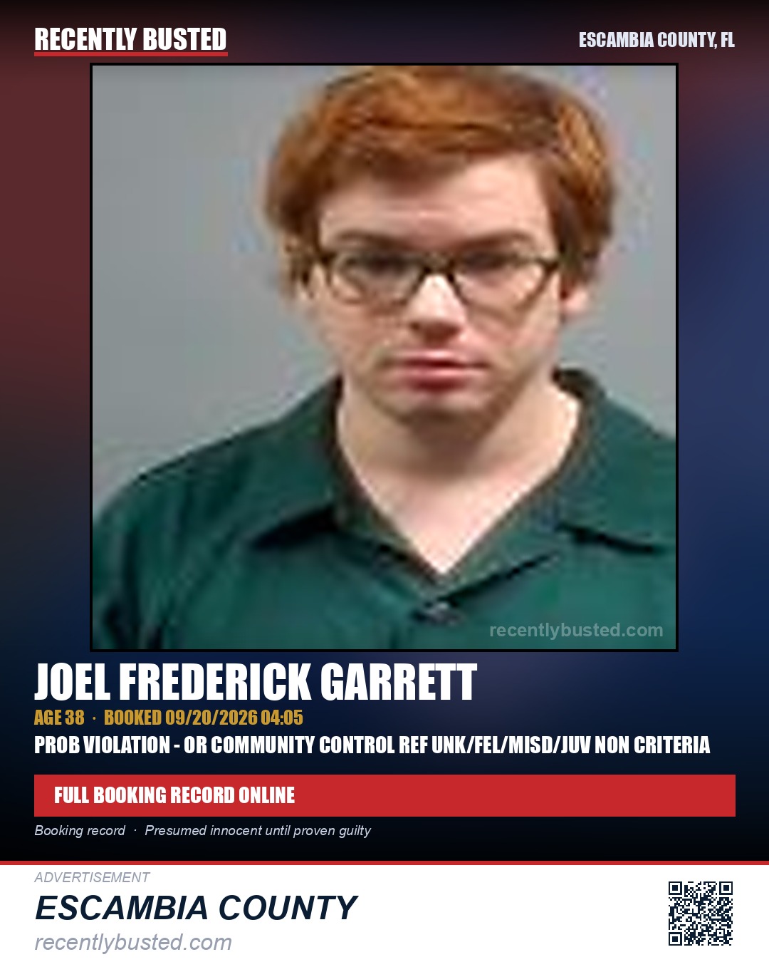 Joel Frederick Garrett — arrest record card, Escambia County, Florida