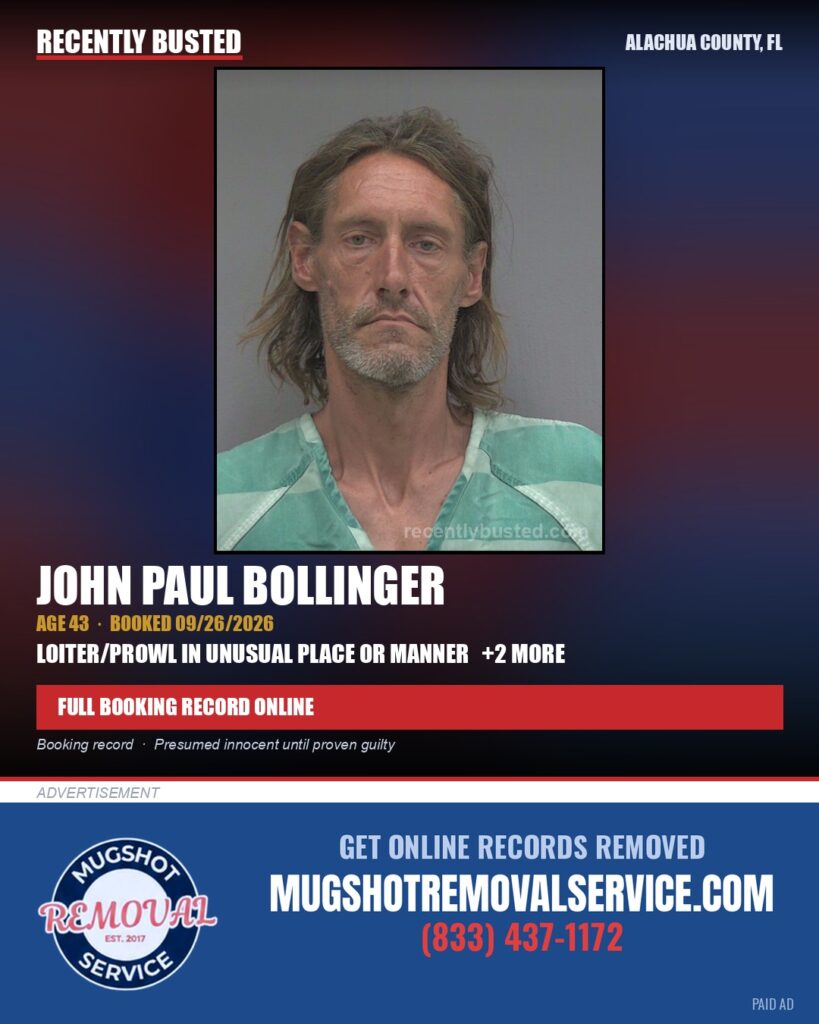 John Paul Bollinger — arrest record card, Alachua County, Florida
