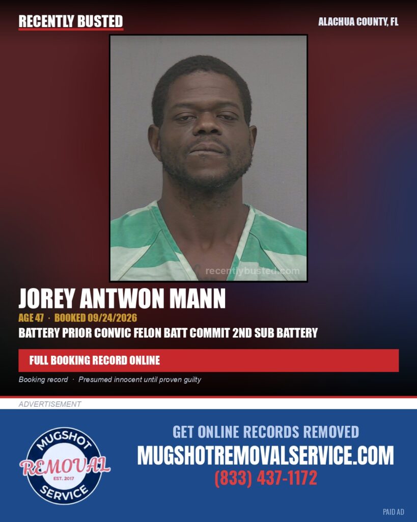 Jorey Antwon Mann — arrest record card, Alachua County, Florida