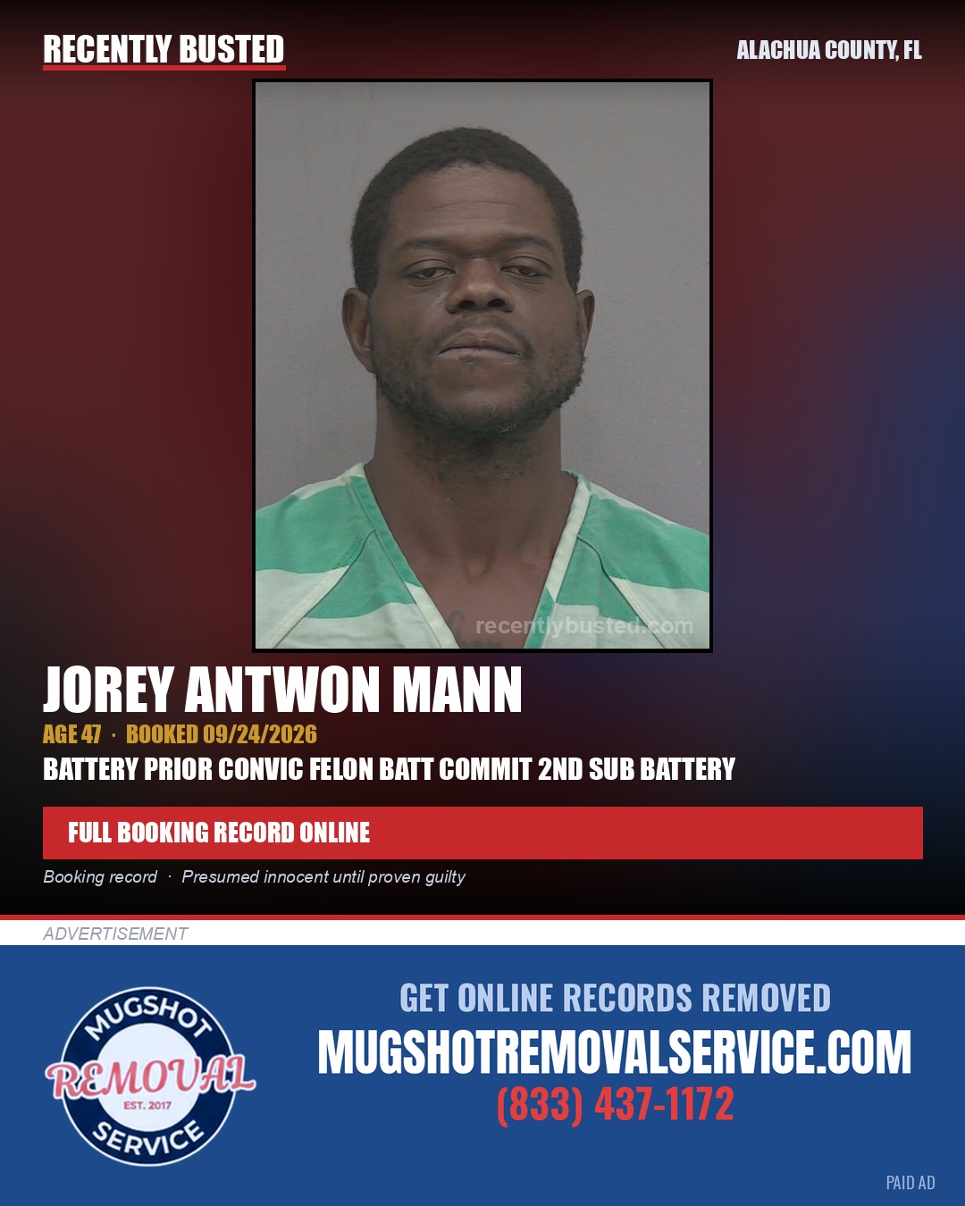 Jorey Antwon Mann — arrest record card, Alachua County, Florida
