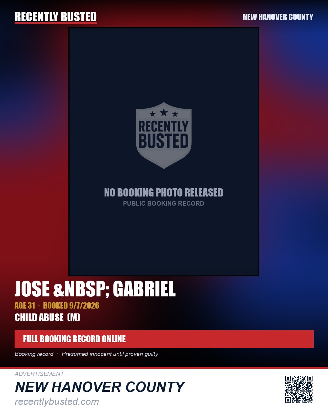 JOSE &nbsp; GABRIEL — arrest record card, New Hanover County