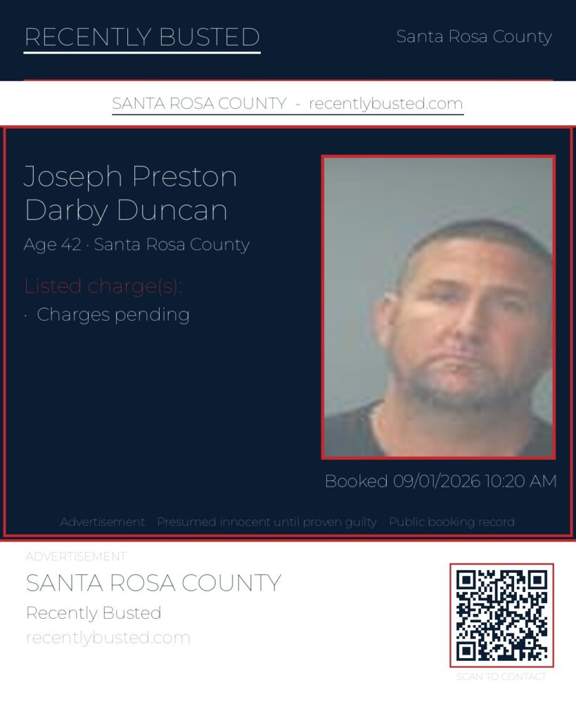 Joseph Preston Darby Duncan — arrest record card, Santa Rosa County, Florida