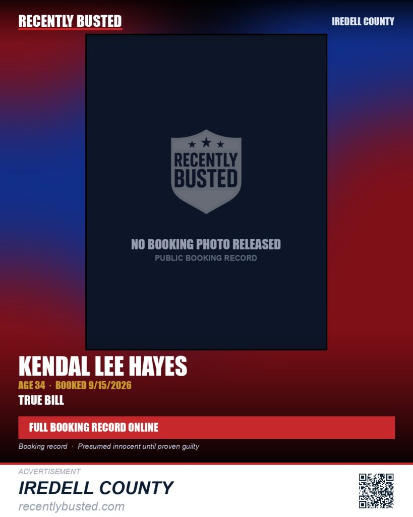KENDAL LEE HAYES — arrest record card, Iredell County