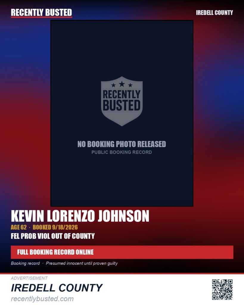 KEVIN LORENZO JOHNSON — arrest record card, Iredell County